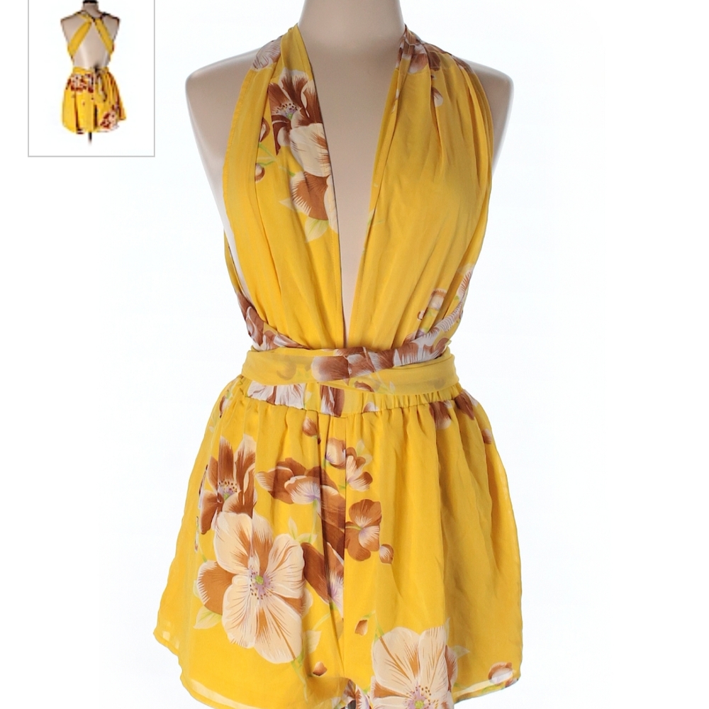 Yellow Floral Tie Halter Romper